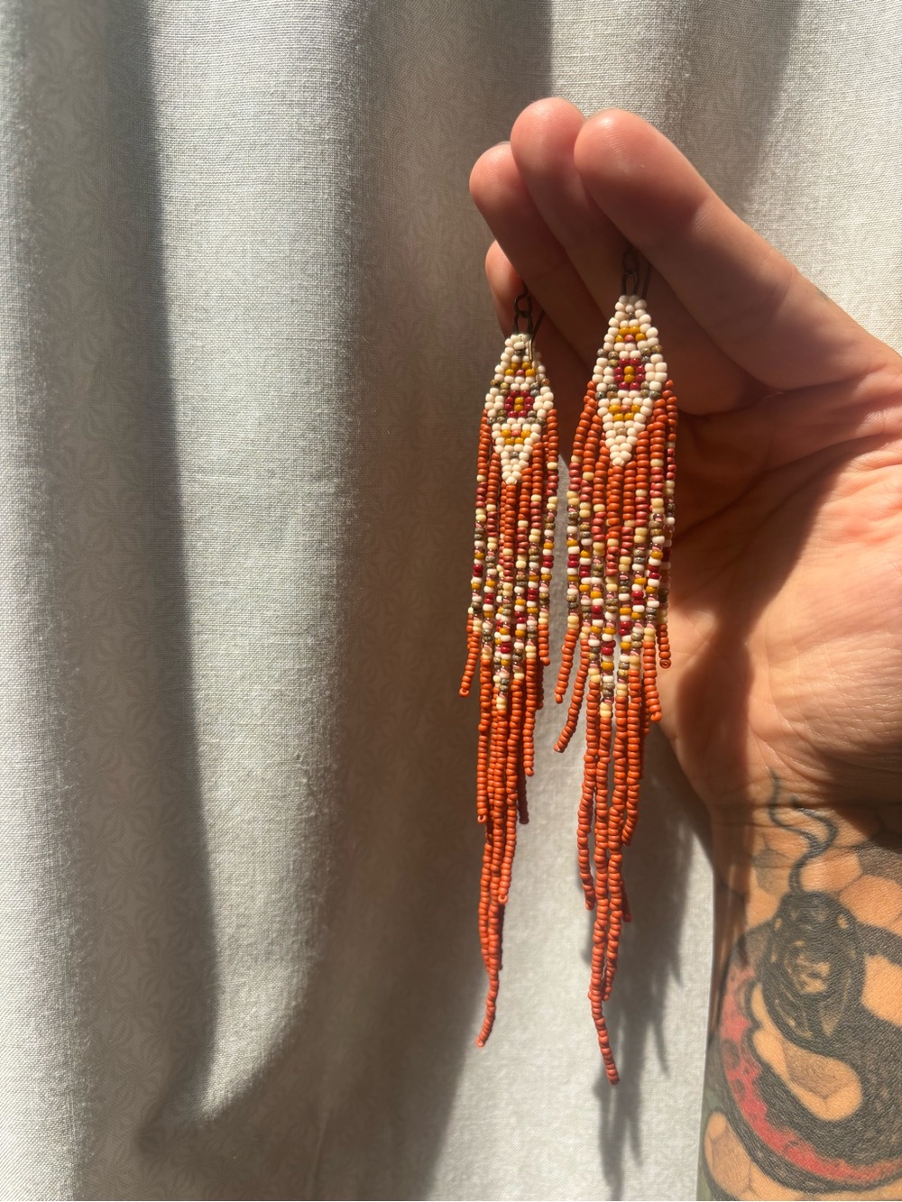Handmade Orange Moon Bead Fringe Earrings